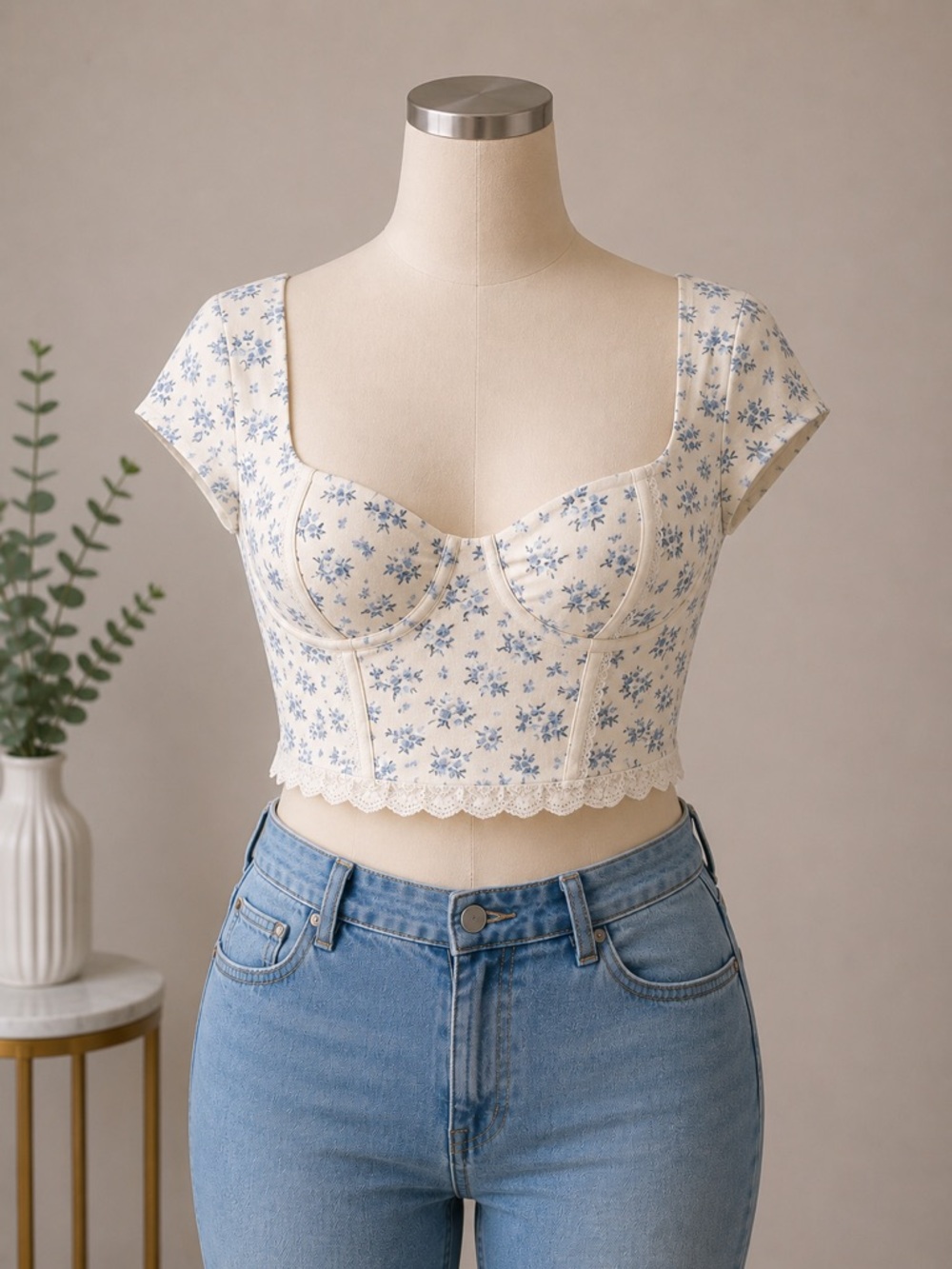 Hippie Rose Cream Crop Top with Blue Floral Print and Lace Trim Size XL